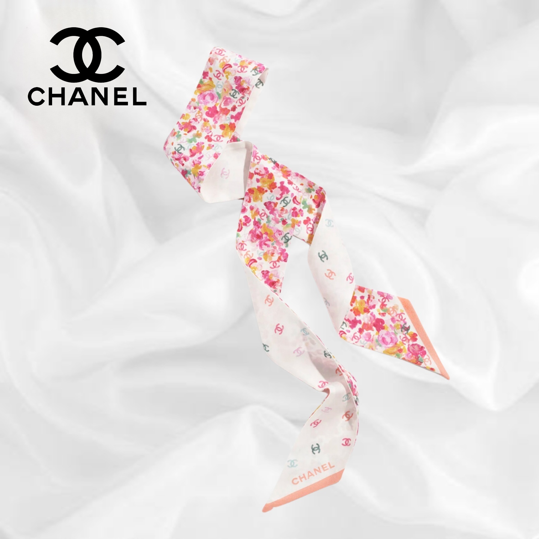 【CHANEL】スカーフ ヘアバンド ツイリー 花柄 ロゴ 鮮やか