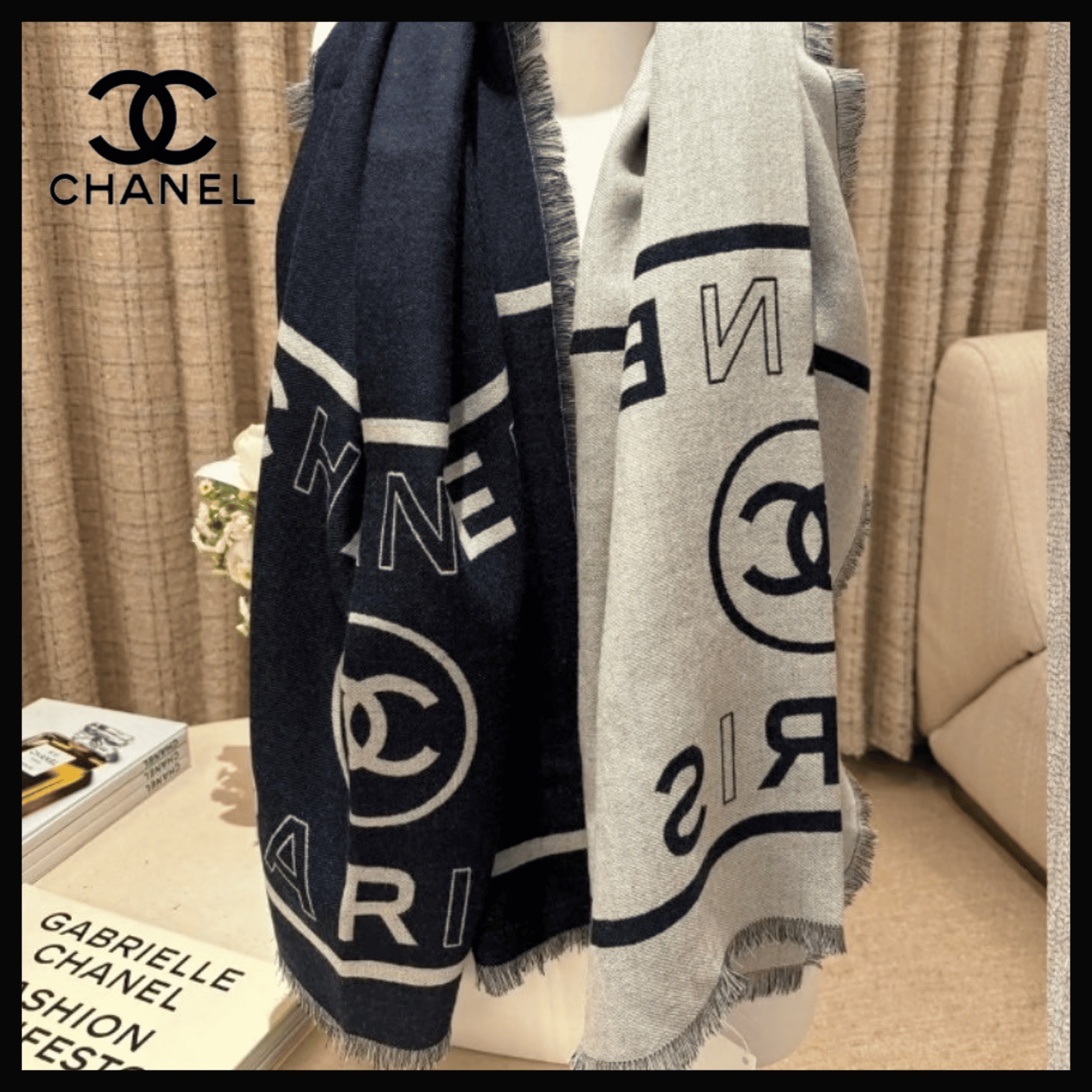 ワンポイントに♪【CHANEL】カシミヤストール バイカラーCCロゴ