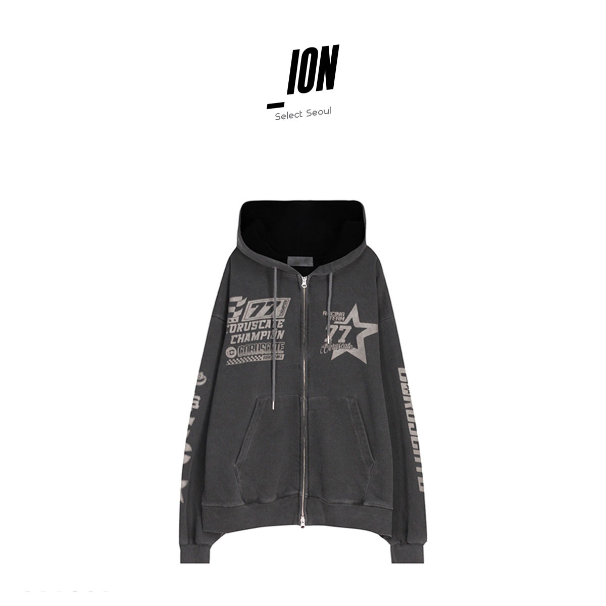 【IONSEOUL】Racing Pig Print Two Way Hoodie 5JH171