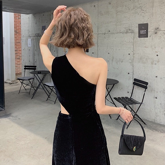 ベロア ワンショルダー ドレス ハイウエスト 肌見せ 韓国 nr7949 ベロア ワンショルダー ドレス ハイウエスト 韓国 肌見せ hr7949