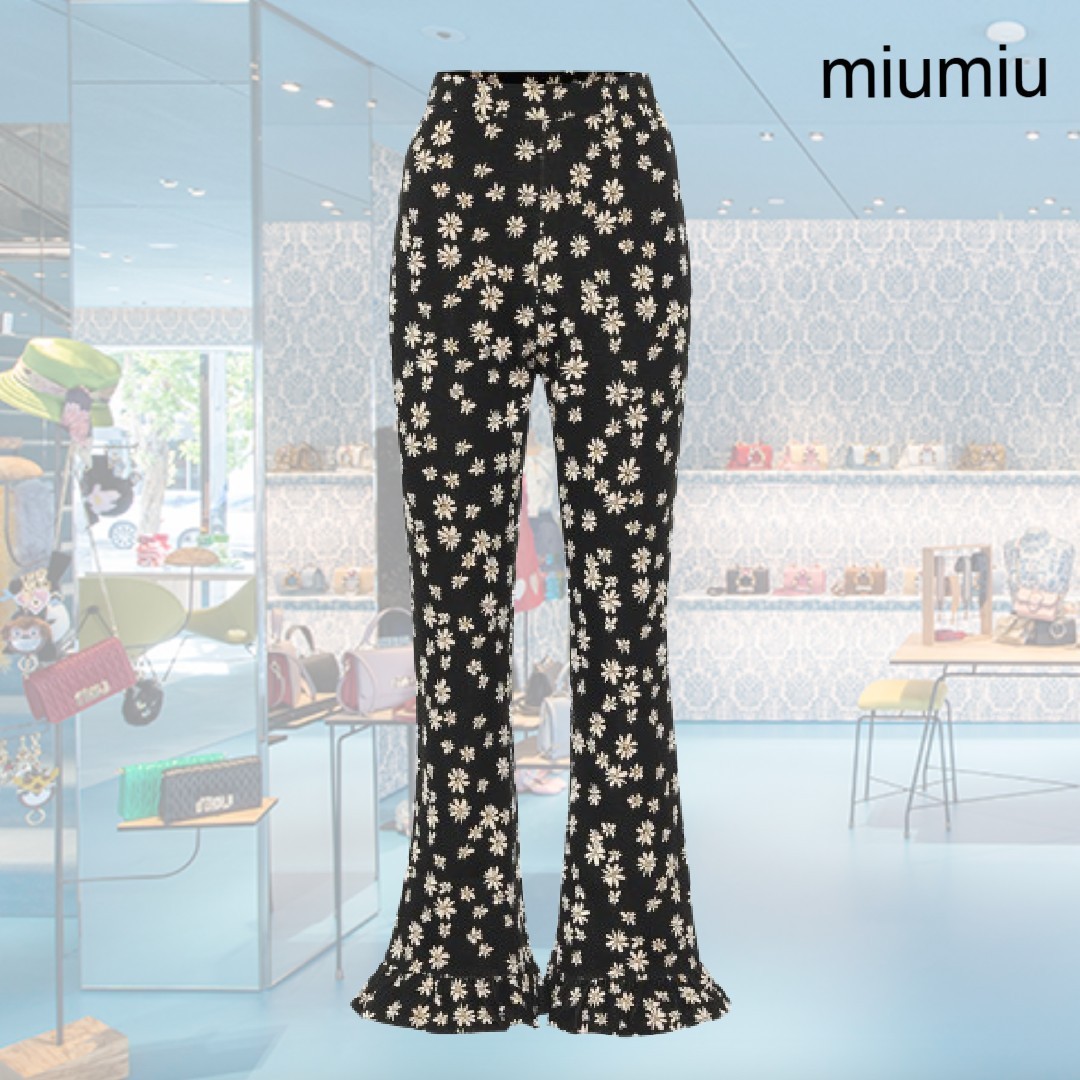 【希少】MiuMiu ロゴ 花柄 ハイライズフレアパンツ ブラック