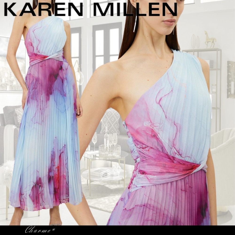 KAREN MILLEN ロング ドレス ワンショルダー マーブル プリーツ