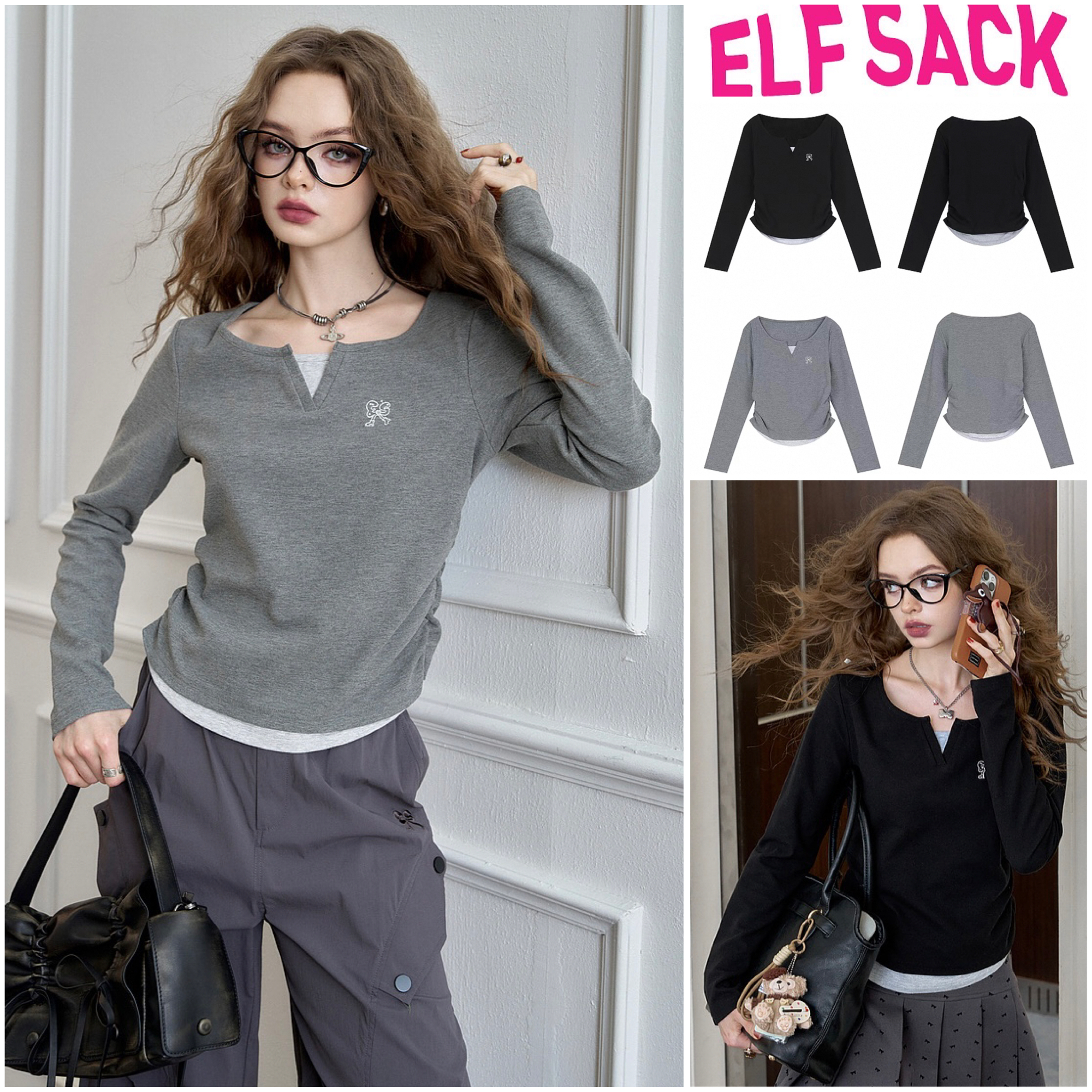 ★ELF SACK★ ガーリー 重ね着風 ニット ロンT /送料込