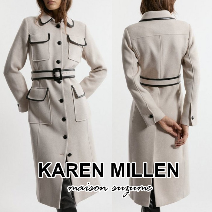 【KAREN MILLEN】イタリアンウール☆PUティップ ベルト付コート