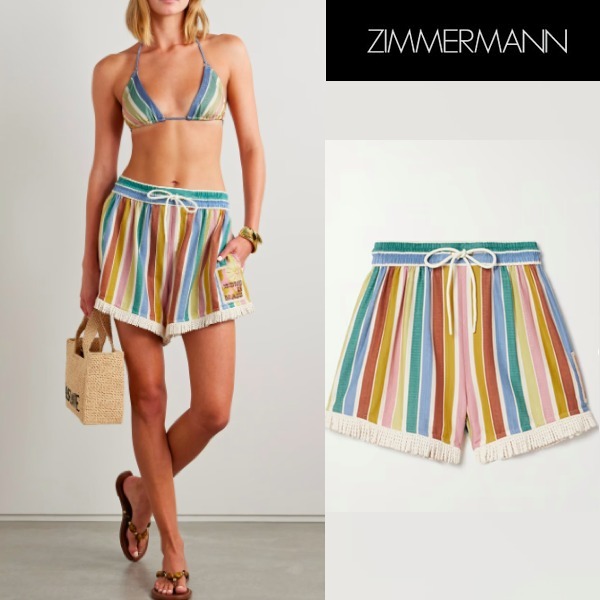 【Zimmermann】Everley fringed striped cotton-voile shorts