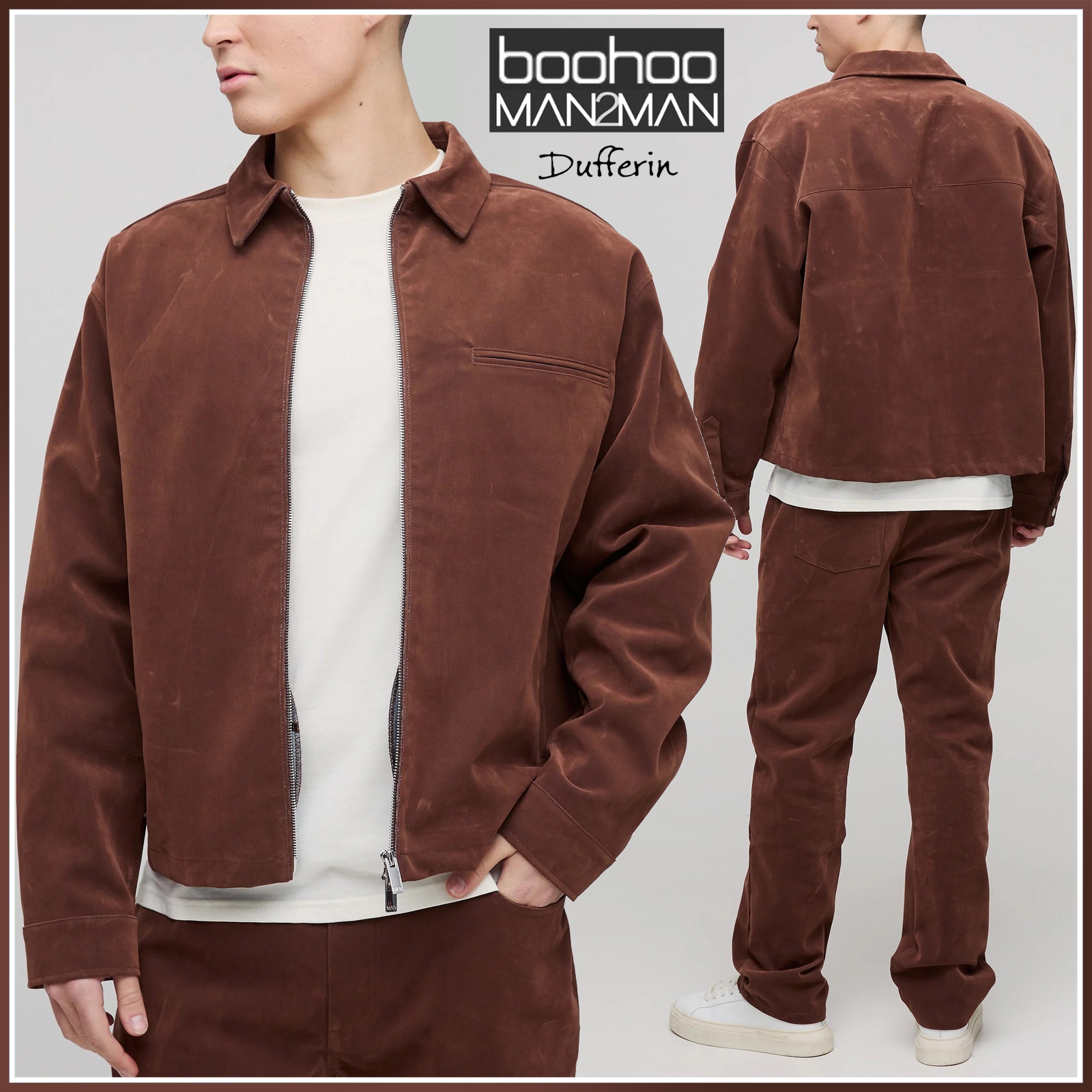 boohoo 長袖 ベロア デニム オーバーシャツ & パンツ 上下セット