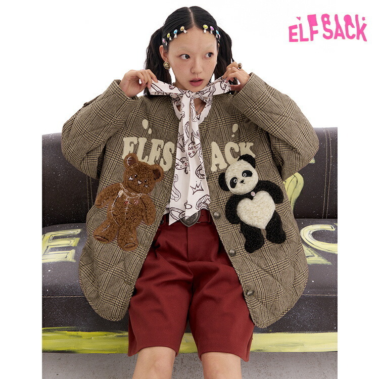 ELFSACK ジャケット アウター チェック柄 レトロ 熊 パンダ
