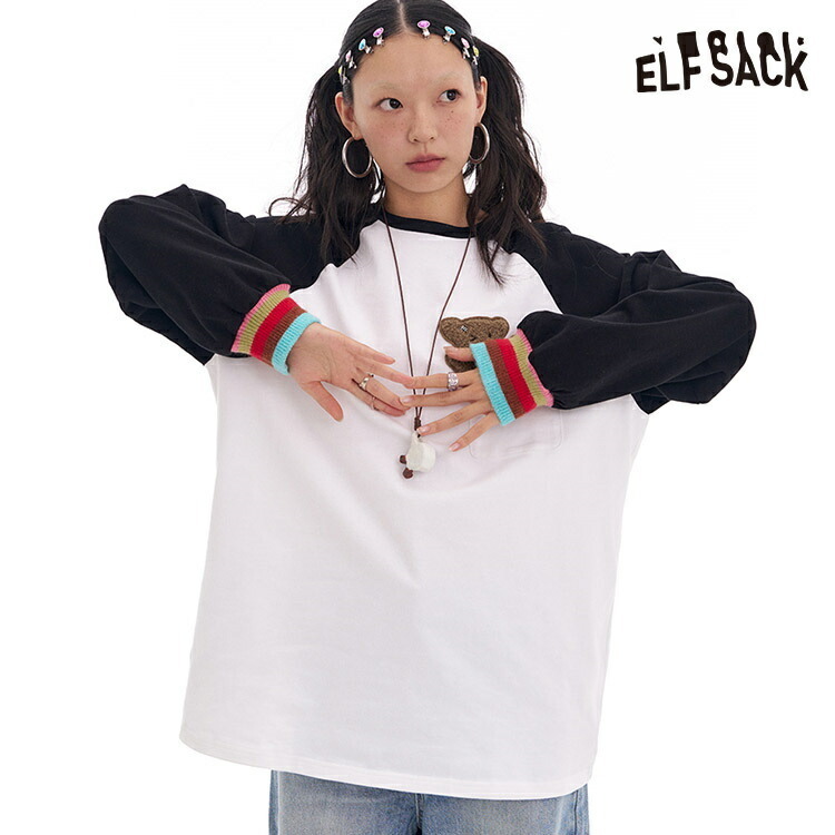 ELFSACK Tシャツ トップス 長袖 熊 丸首 ゆったり