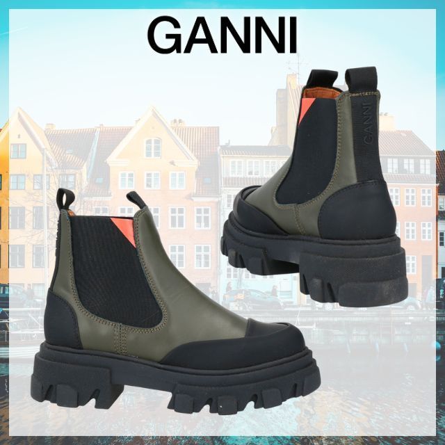 GANNI* ガニー ロゴ チャンキーブーツ レザー バイカラー 送関込