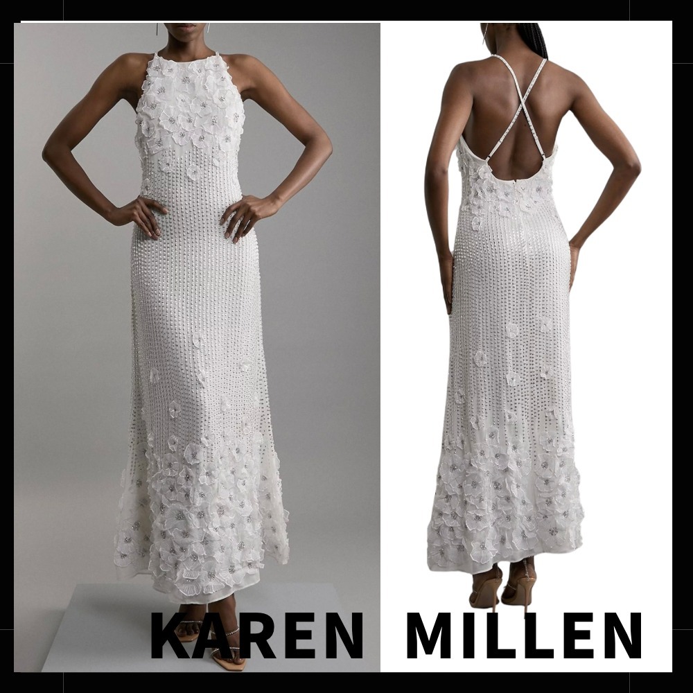 送料関税込【KAREN MILLEN】フローラルビーズホルタードレス
