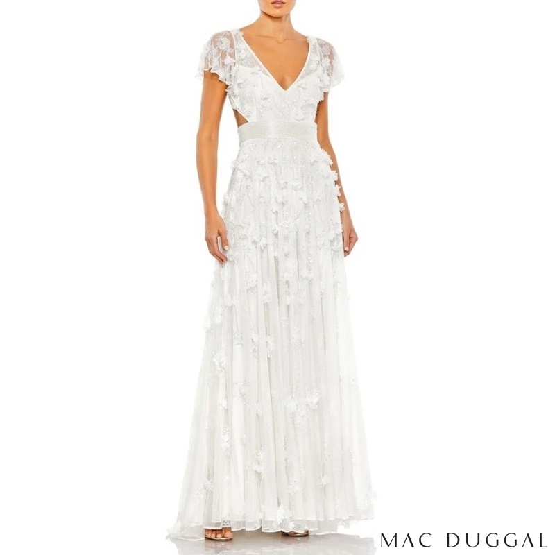 Mac duggal クロスバックレース Vネックフェミニン ロングドレス