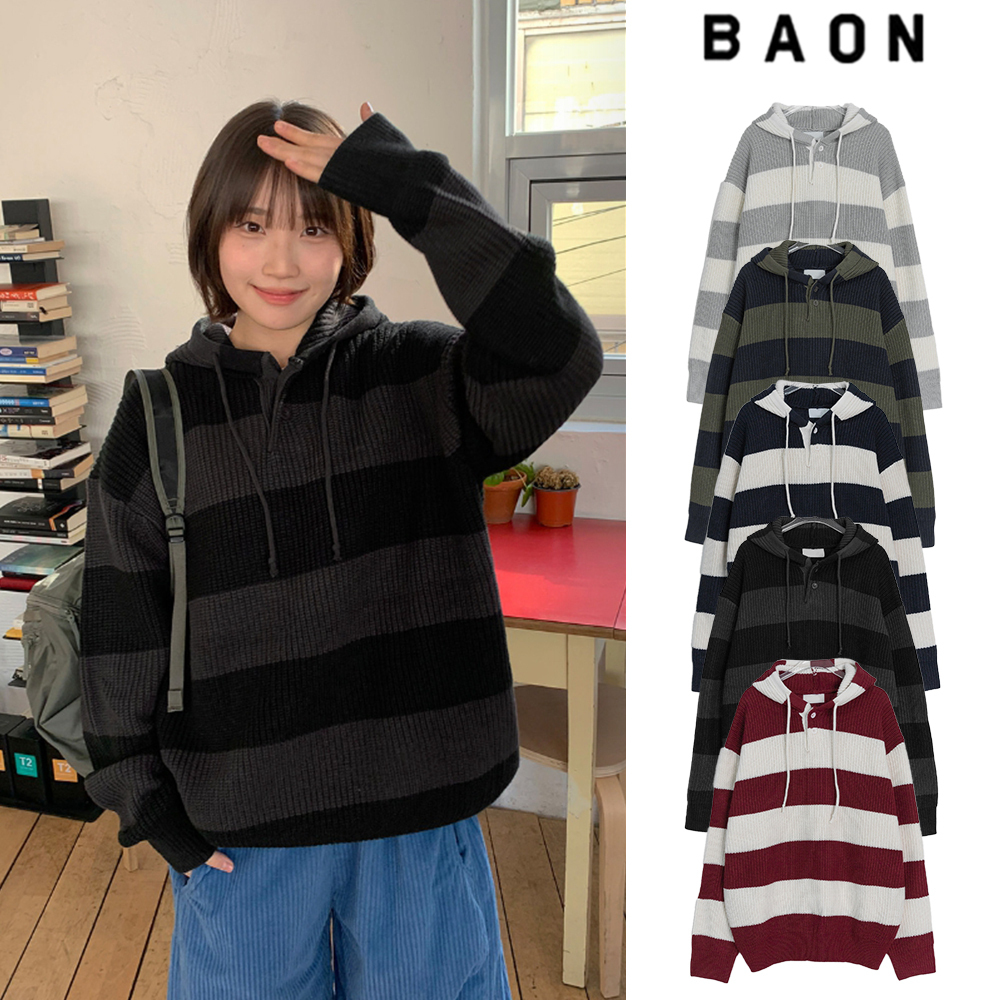 【BAON】[unisex] Corinne Stripe Button Over Hood Knit