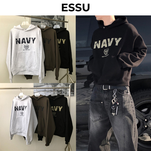 ★韓国人気★ESSU★NAVY CRACK HOODIE_FLEECE