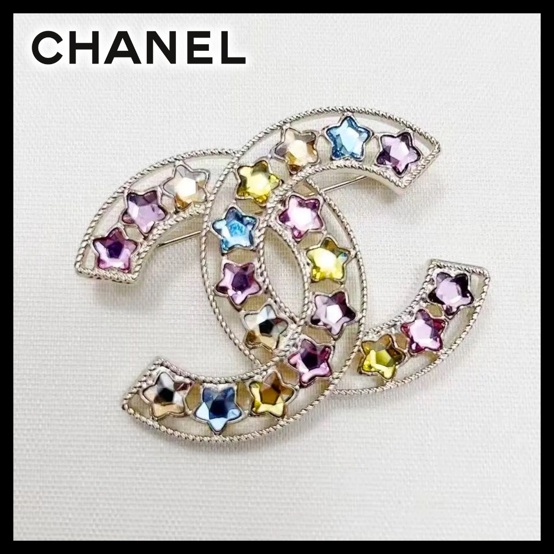 【カラフル星ビジューで胸元華やかに♪】CHANEL CCロゴ ブローチ