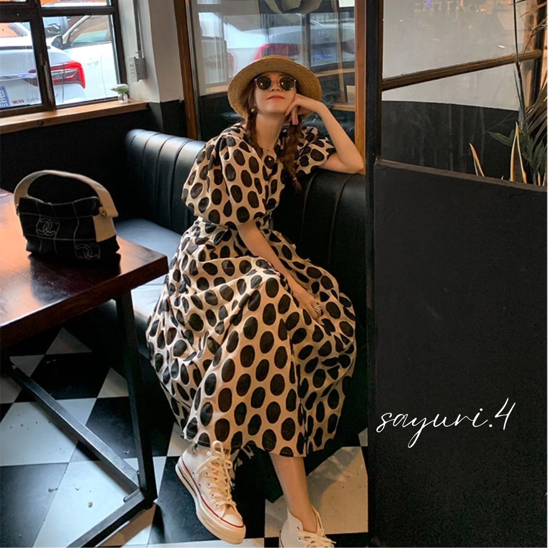 ロング フレア ワンピース ドット 水玉 パフスリーブ