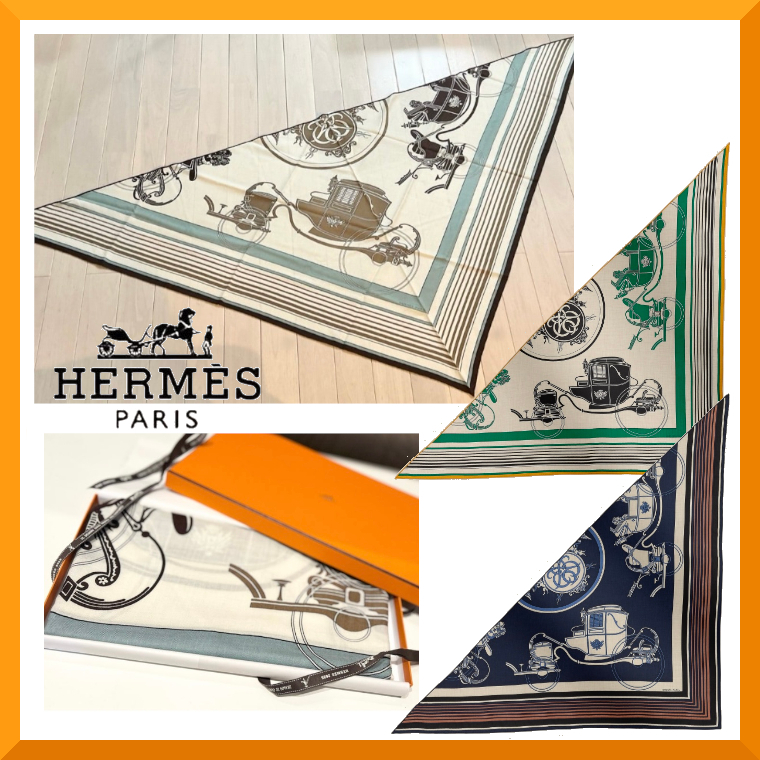 HERMES エルメス パサード柄 大判トライアングル トライアングル ジェアン カシミアシルク 《パッサード・エ