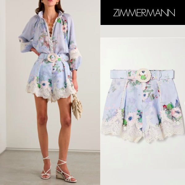 【Zimmermann】Everley pleated lace-trimmed linen shorts