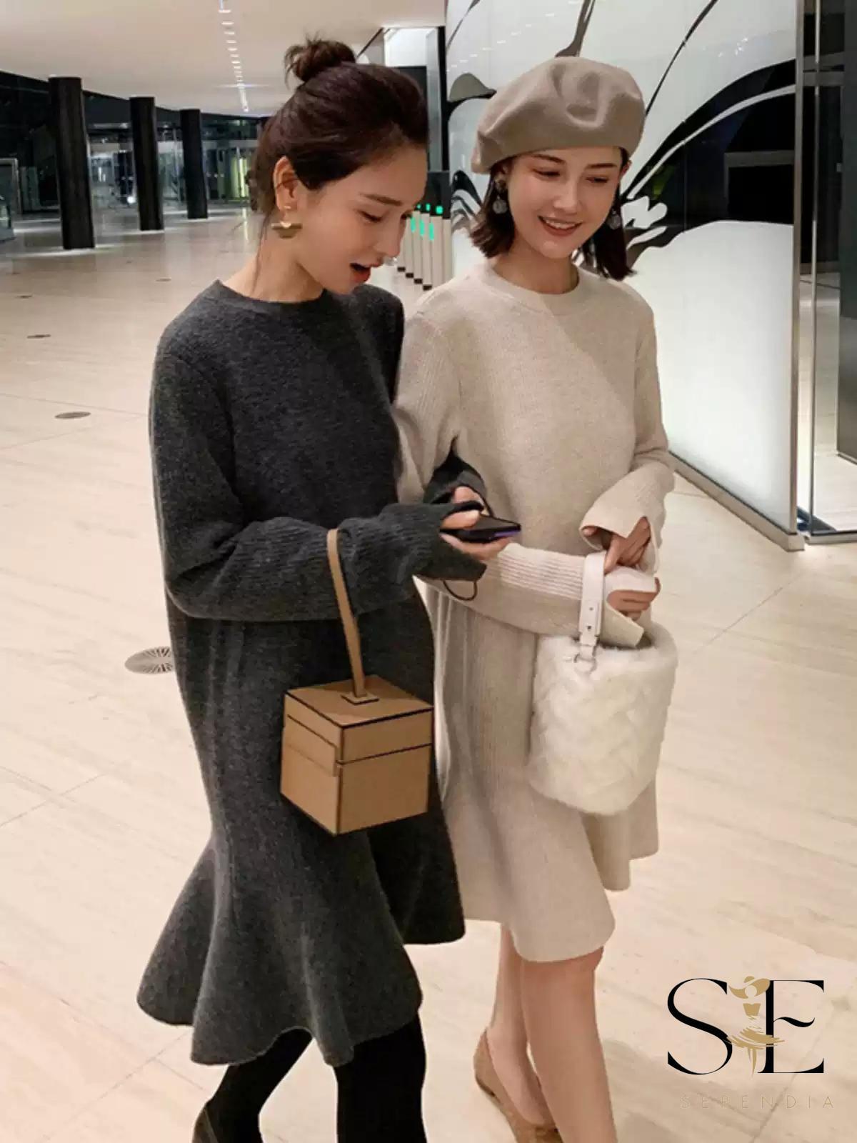 ワンピース 長袖 ニット フリルスカート カジュアル 無地 韓国