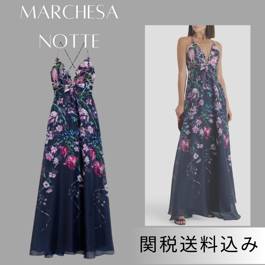 ☆MARCHESA NOTTE チュール＆シャルムーズ ロングドレス 刺繍