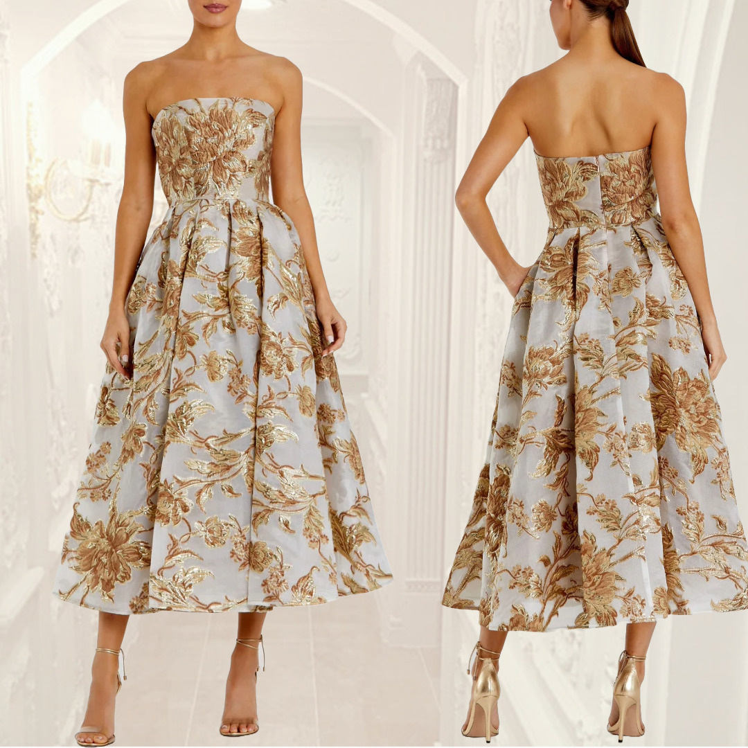 【大人気】Mac Duggal ストラップレス ブロケード ミディ ドレス