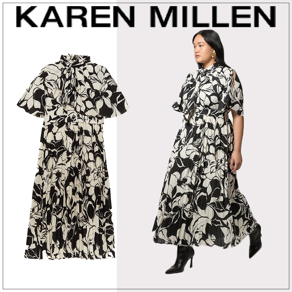 【Karen Millen】(プラスサイズ )タイネックプリーツ織りワンピ