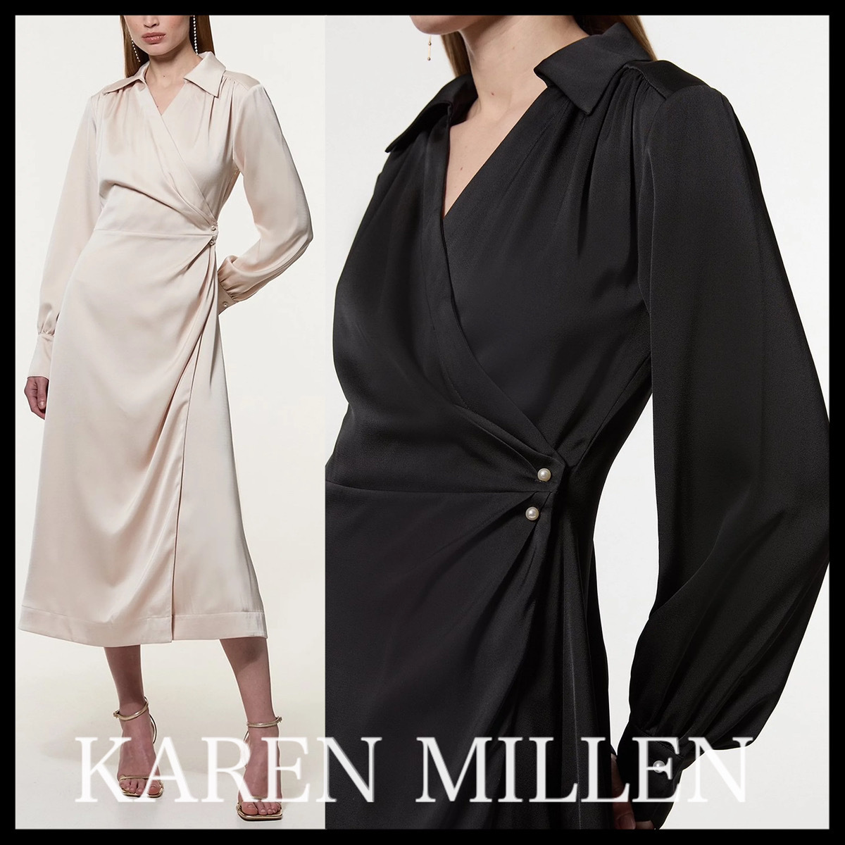 KAREN MILLEN* パールディテール カシュクールドレープドレス