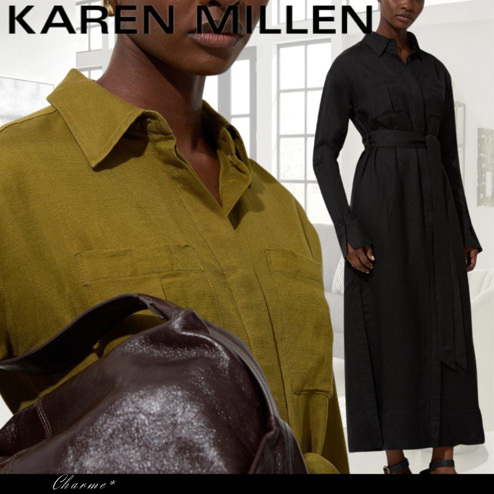 KAREN MILLEN マキシドレス ワンピース 長袖 無地 フレア リネン