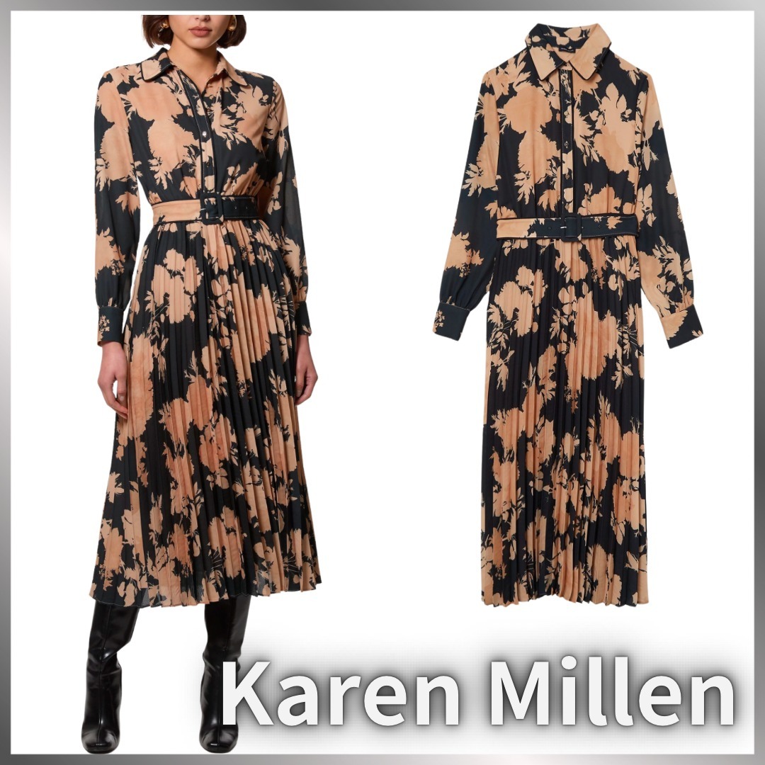 【Karen Millen】 フローラルジョーゼット プリーツミディドレス