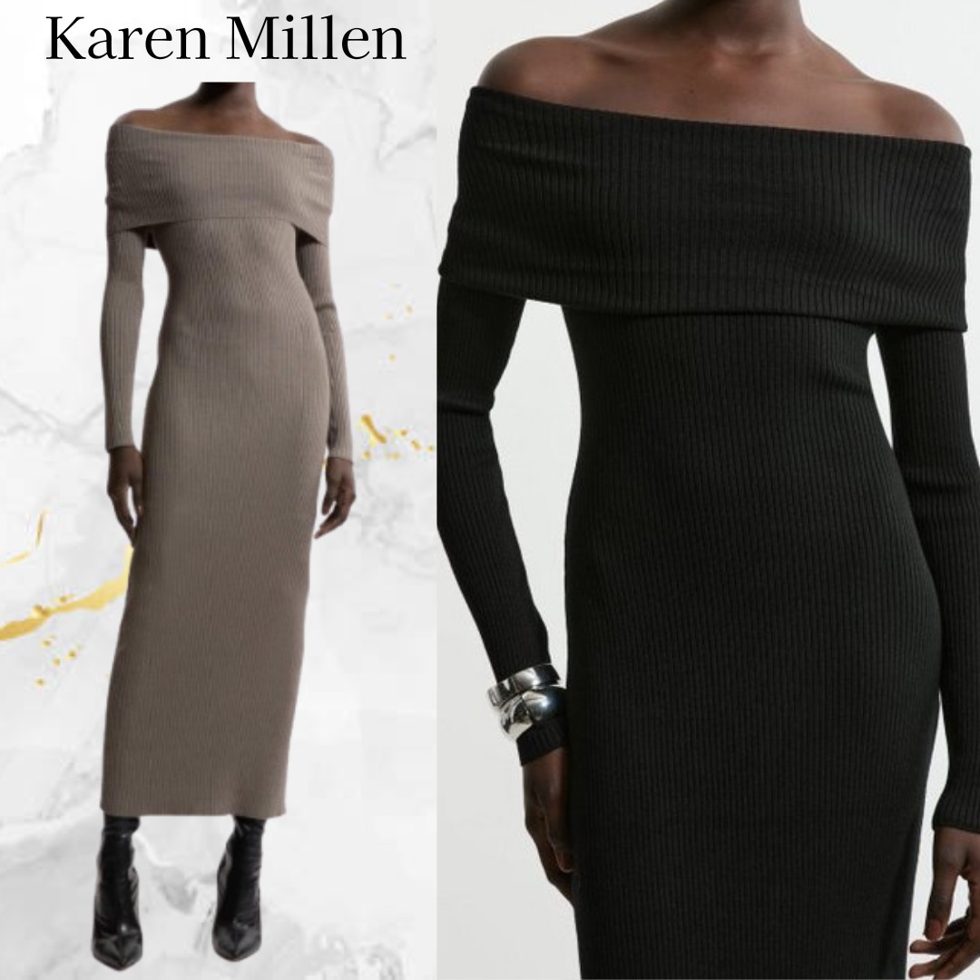 Karen Millen☆リブディテール バルドー ニット ミディドレス