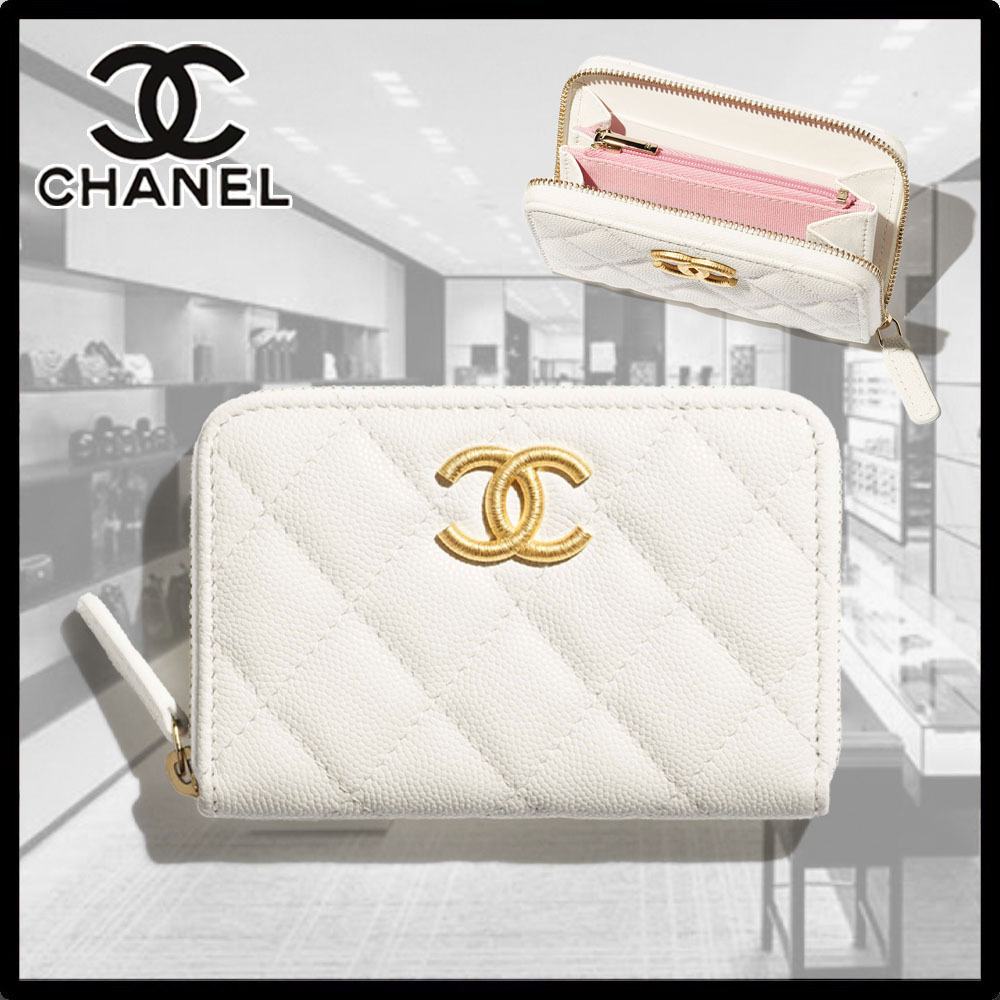 【可愛い☆ホワイト×ピンク裏地】CHANEL★ジップ コインケース