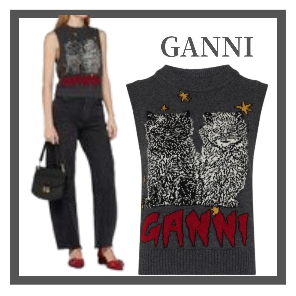 【GANNI】グラフィックキャット ウール混 ベスト