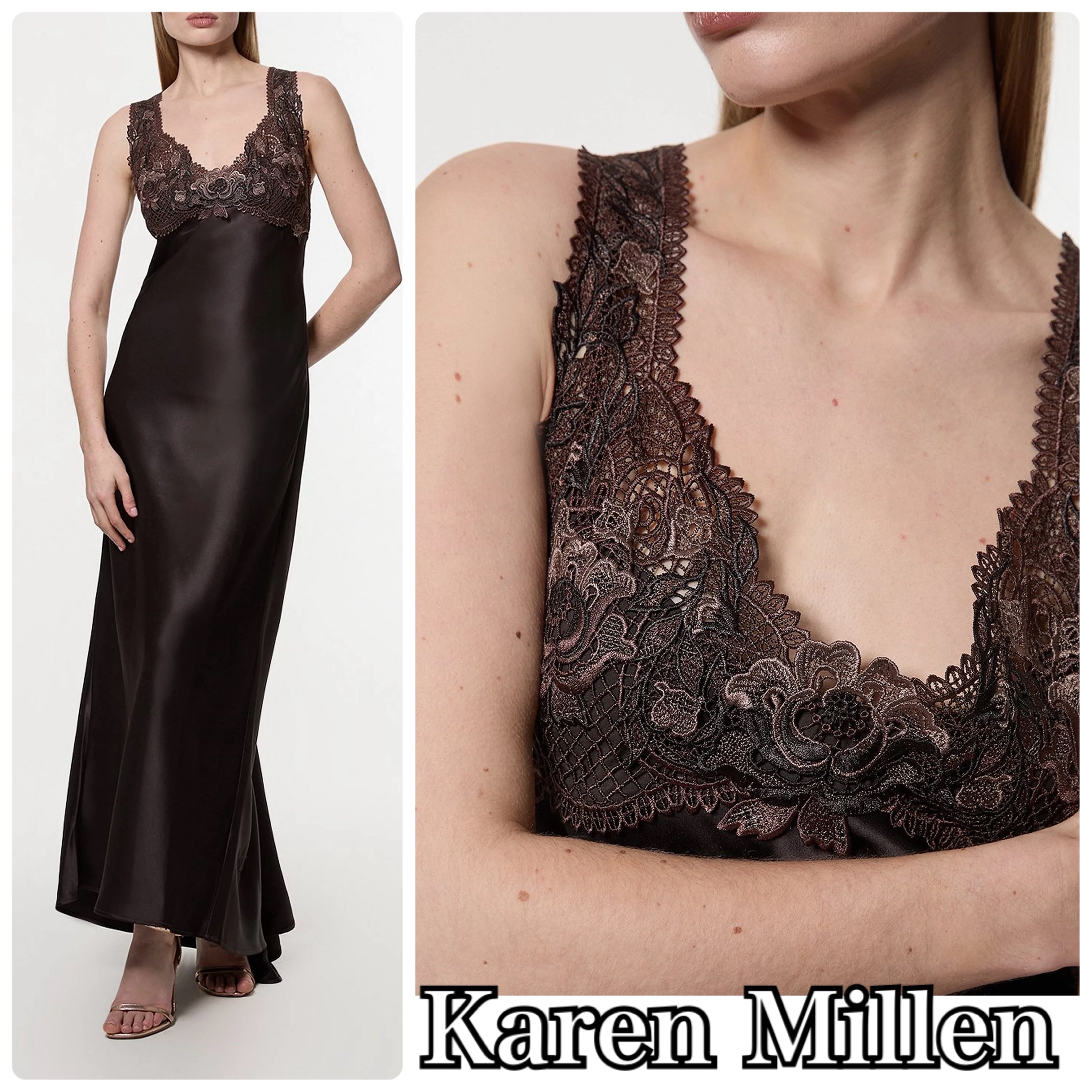 【Karen Millen】サテン ギピュール レース マキシ ワンピース