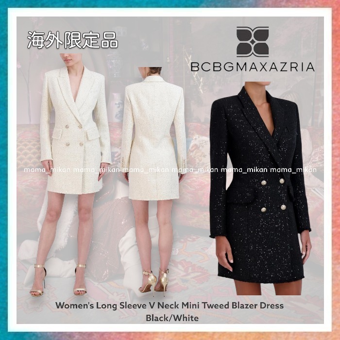 【BCBG MAXAZRIA】Long Sleeve V Neck Mini Tweed Blazer Dress