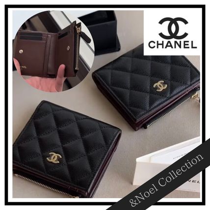 25ss 裏柄も特別♪ CHANEL 折り財布 ラムスキン 黒 薄紫 水色 クラシック スモール フラップ ウォレット - ラムスキン
