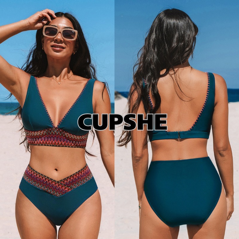 送関込【CUPSHE】シーサイドステッチ ブルー ビキニセット