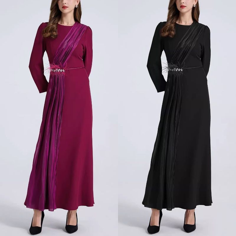 【2色】☆長袖☆Aライン ロング丈 ワンピース パーティ ドレス