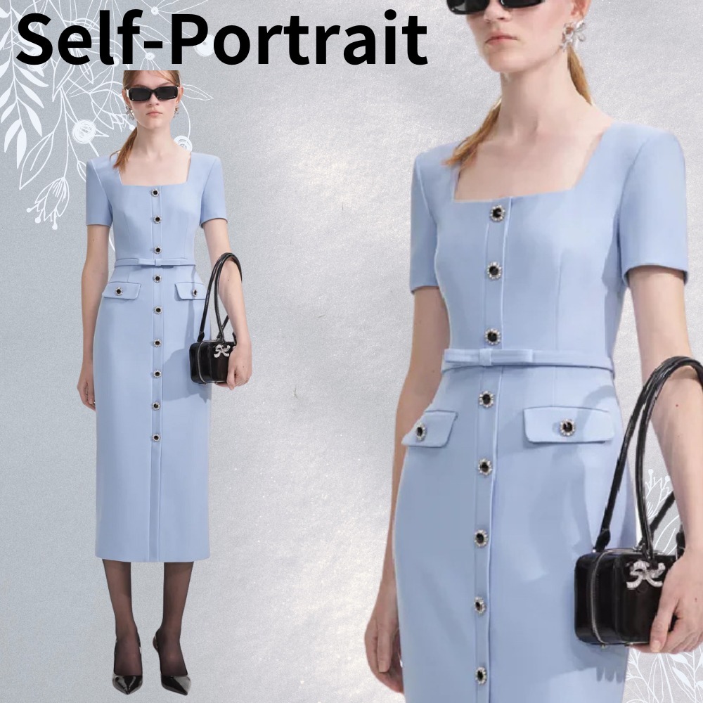 【関税込】Self-Portrait ★ブルー クレープボタンミディ ドレス