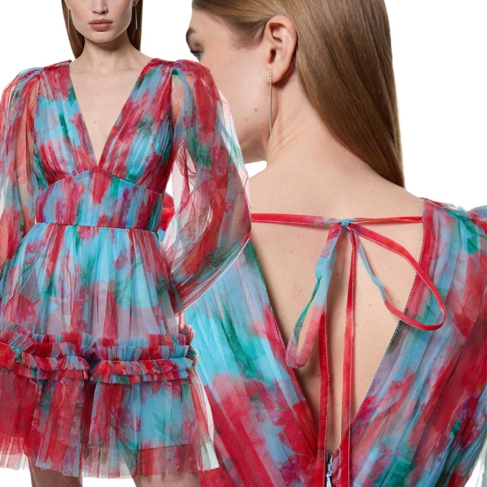 KAREN MILLEN 日本未入荷 ミニ丈ドレス 長袖 花柄 フレア KAREN MILLEN ミニ丈ドレス 長袖 ワンピース 花柄 Vネック