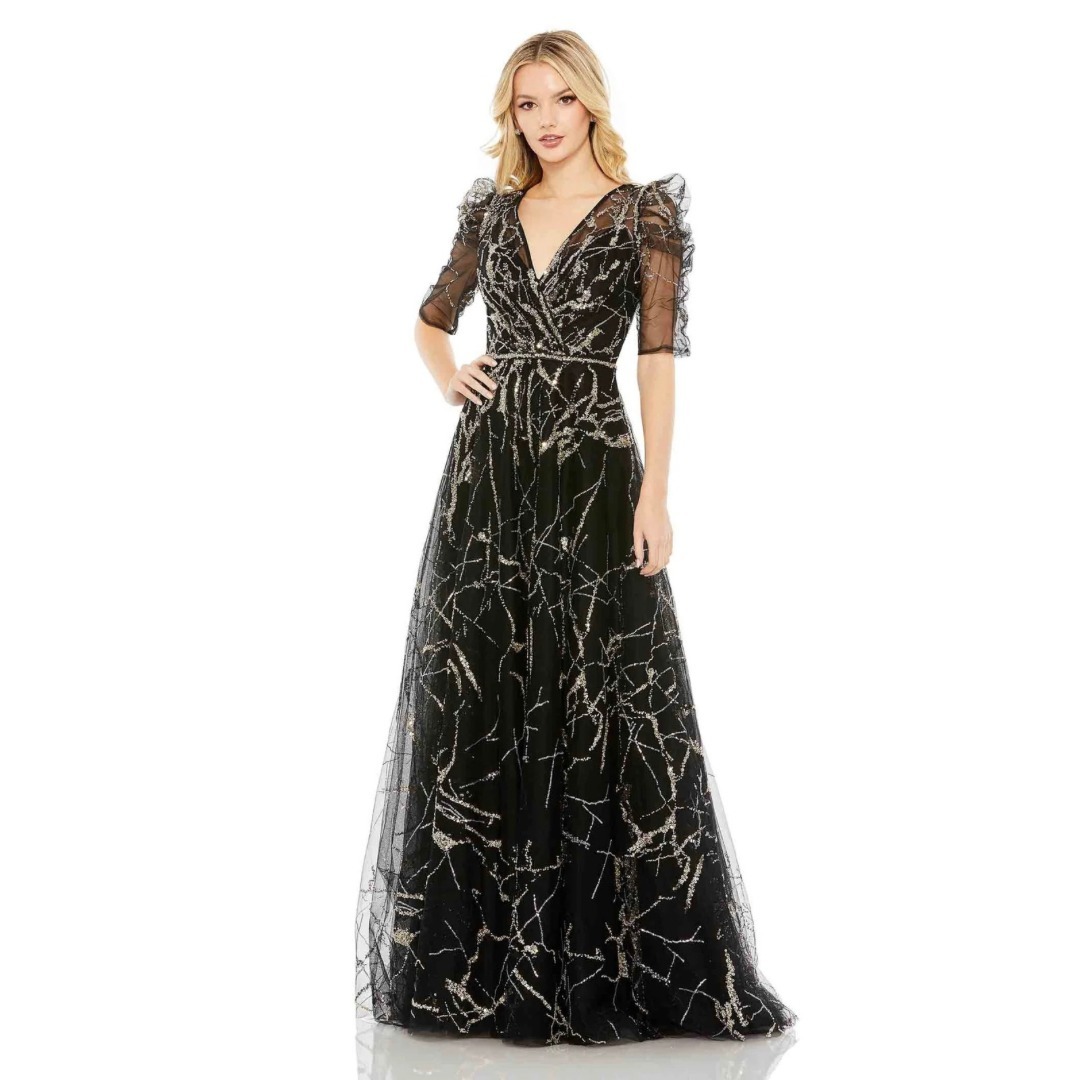 【MAC DUGGAL】ロング ドレス レース スパンコール ブラック 関税送料込【MAC DUGGAL】ロング ドレス スパンコール ブラック