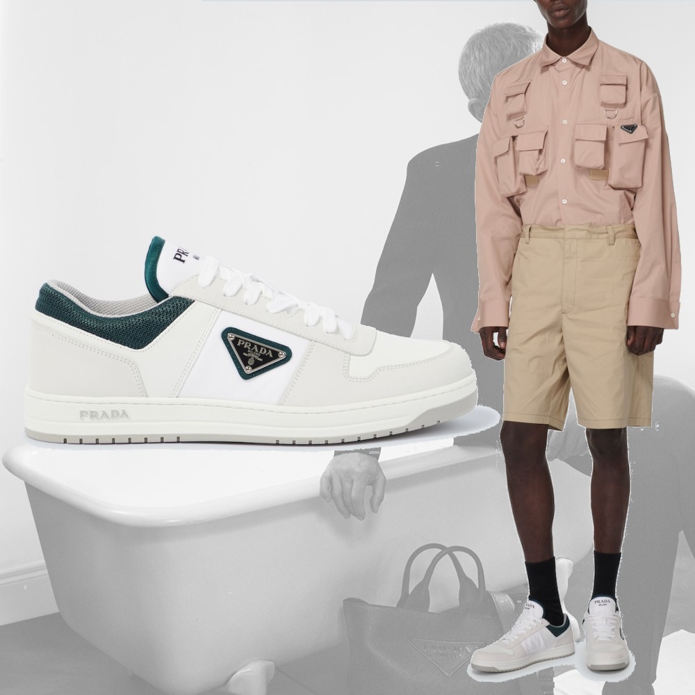 【希少】PRADA ロゴ レザー スニーカー 靴 ホワイト×グリーン