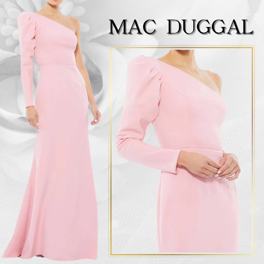 【MAC DUGGAL】ロングドレス ワンショルダー 長袖 ピンク フレア