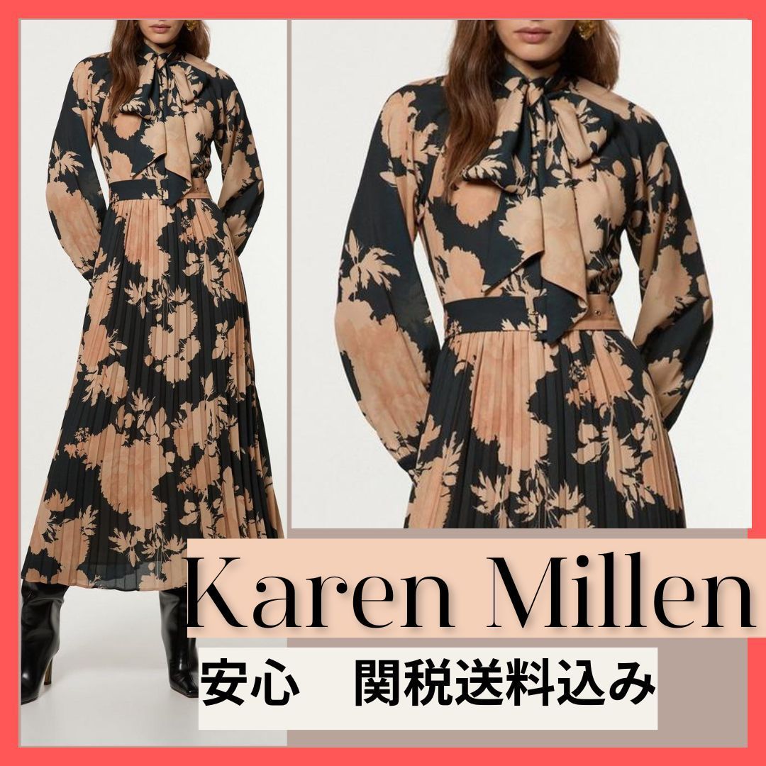 【Karen Millen】プリーツタイネック織りベルト付きミディドレス