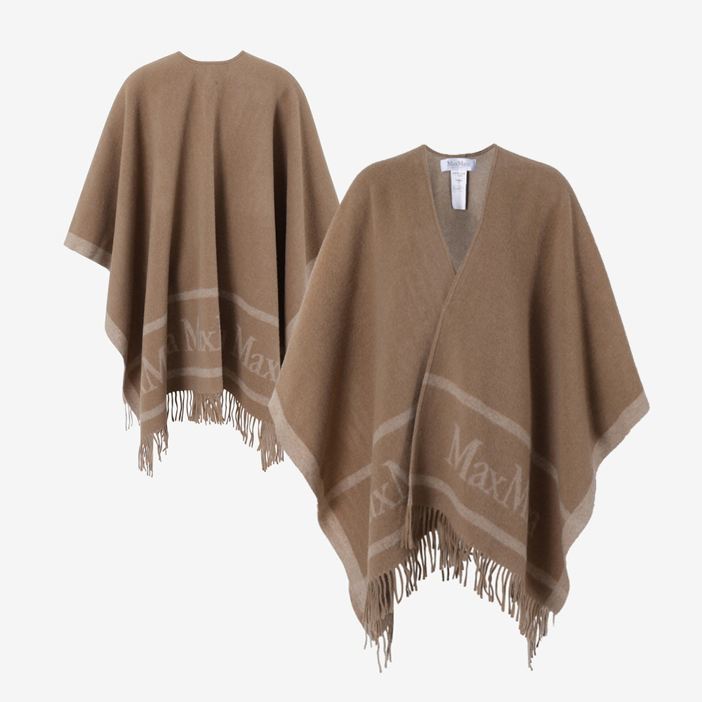 【関税・送料込】Max Mara ヒルデ ロゴ付 フリンジウールケープ 関税負担なし☆Max Mara HILDE ロゴプリント ウール ケープ