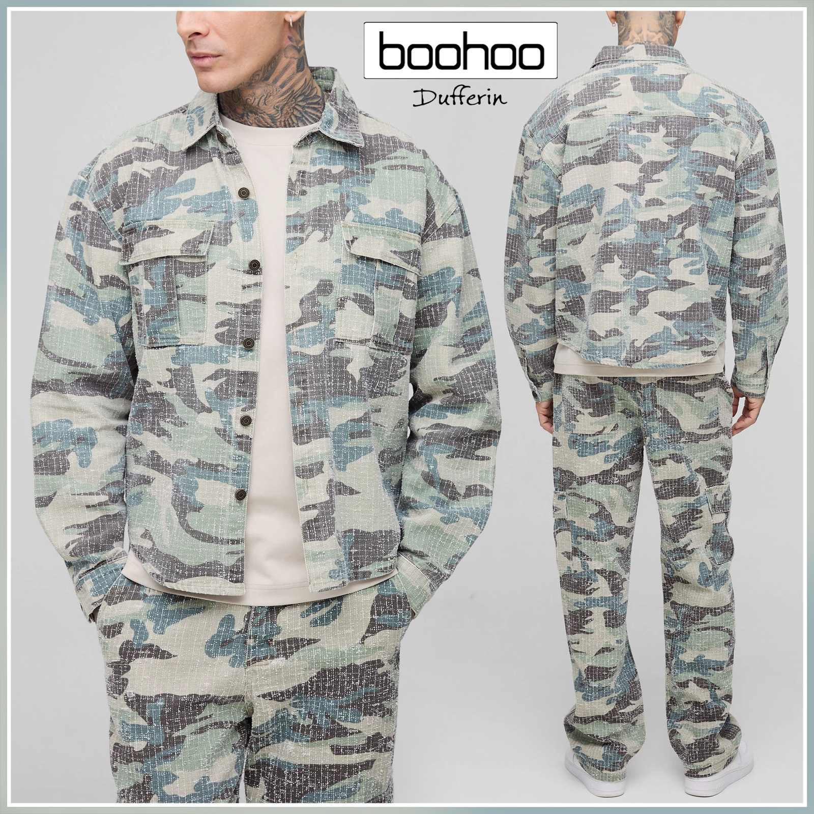 boohoo カモフラ柄 カーゴ デニムシャツ & ジーンズ 上下セット