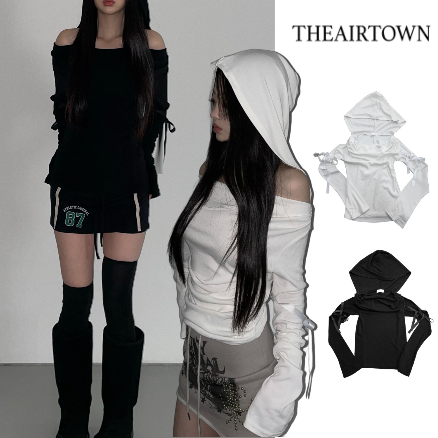 【THEAIRTOWN】ドレープショルダーボタンフーディートップ