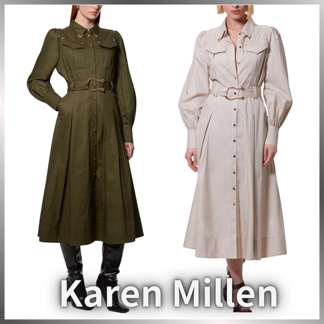 【Karen Millen】 高品質コットンサテン ベルト付 シャツドレス