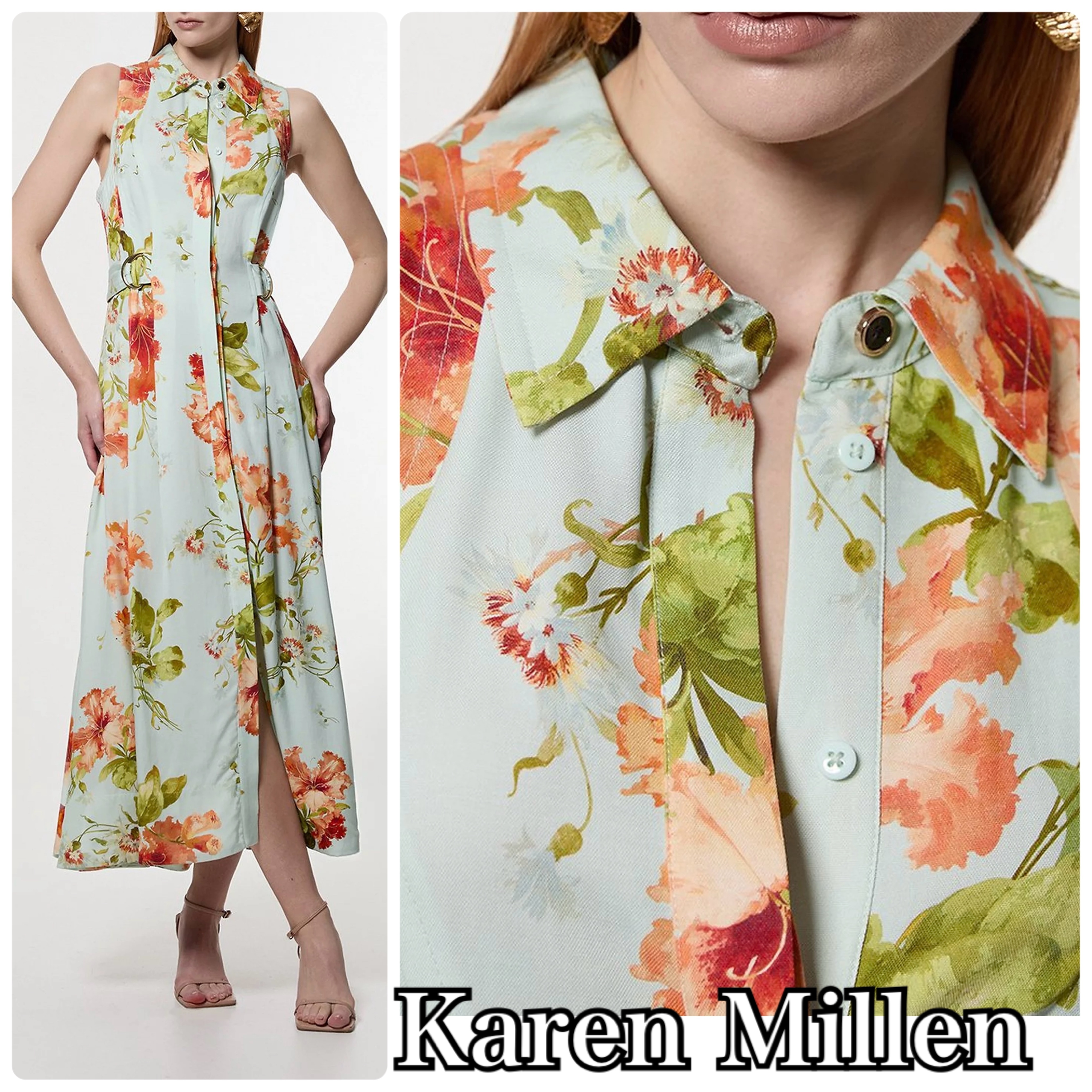【Karen Millen】フローラル ホルターネック ミディ ワンピース