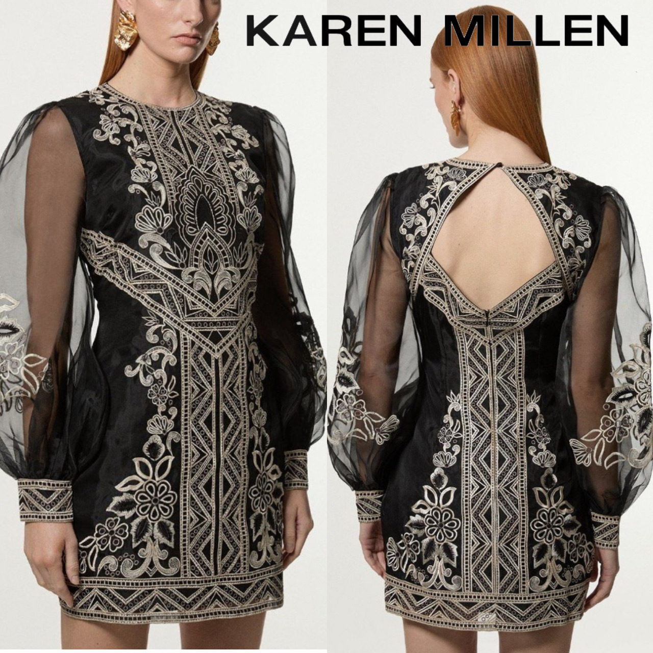 【KAREN MILLEN】プチ刺繍オーガンジーバルーン織りミニドレス