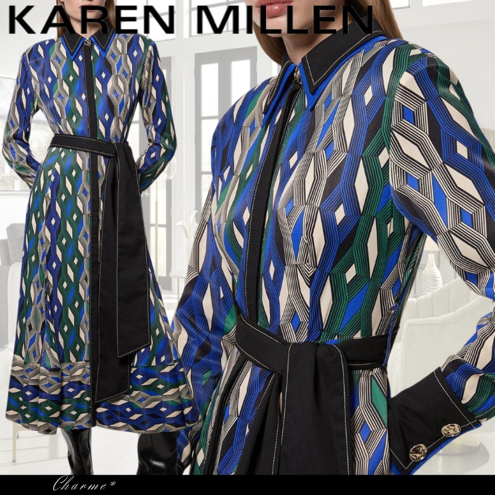 KAREN MILLEN ミディワンピース 長袖 襟 ベルト フレア 柄