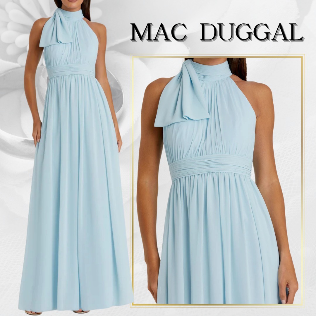 【MAC DUGGAL】ロングドレス 水色 ハイネック シフォン フレア